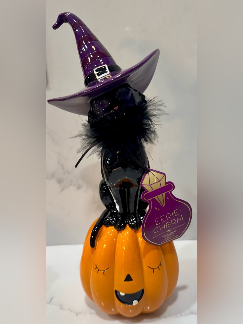 Earie Charm Halloween Decoration Black Witch Cat w/Frills on Pumpkin Statue NWT